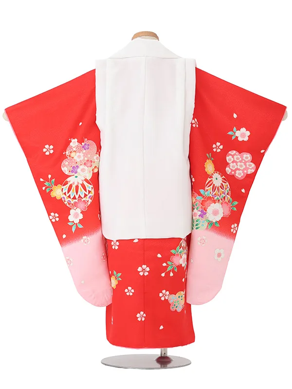 【絵羽】【刺繍】花丸白　花車赤