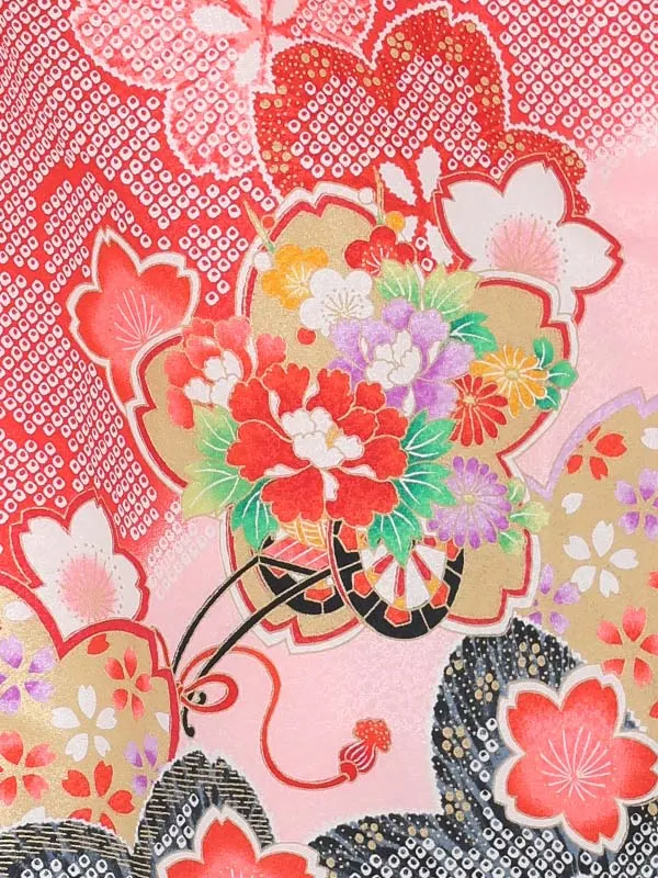 【絵羽】【刺繍】八重桜白　疋田風花車黒