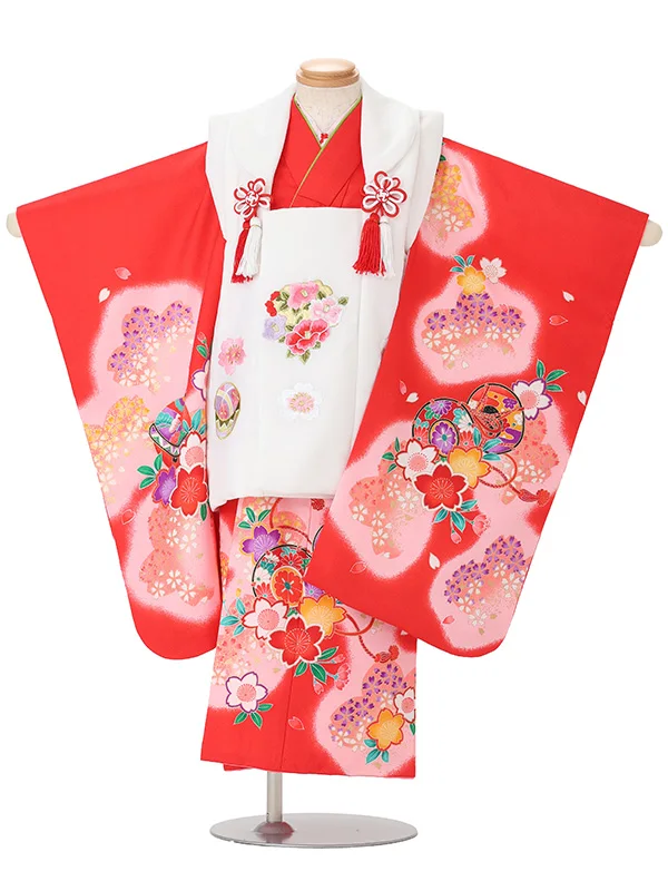 【絵羽】【刺繍】花丸白　鼓赤
