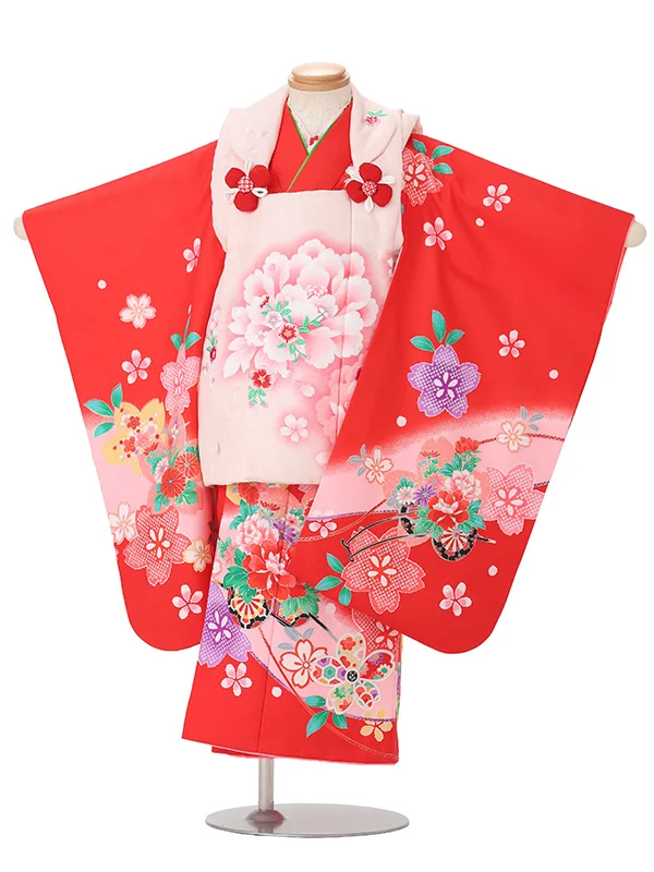 【絵羽】【刺繍】ぼたんピンク　花車赤