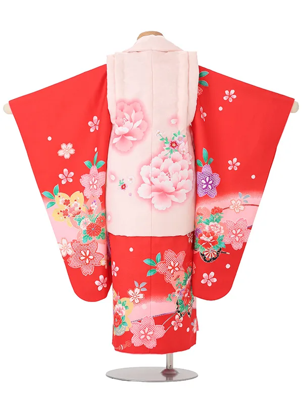 【絵羽】【刺繍】ぼたんピンク　花車赤