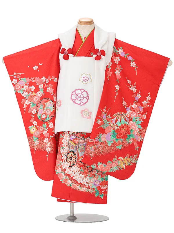 【絵羽】【刺繍】桜白　御所車赤