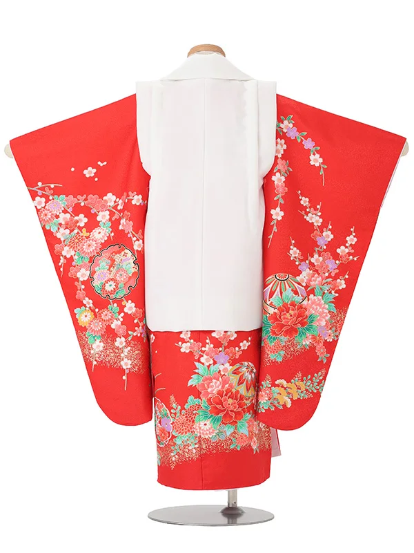 【絵羽】【刺繍】桜白　御所車赤