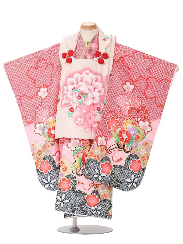 【絵羽】【刺繍】ぼたんピンク　疋田風花車赤