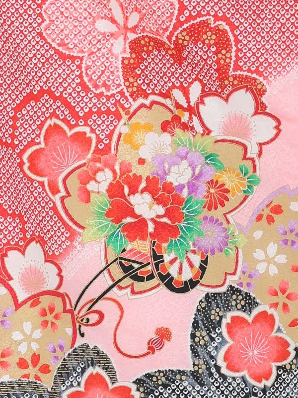 【絵羽】【刺繍】ぼたんピンク　疋田風花車赤
