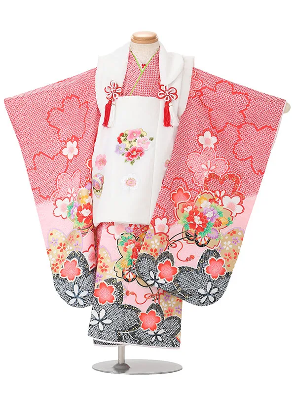 【絵羽】【刺繍】花丸白　疋田風花車赤
