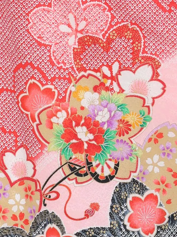 【絵羽】【刺繍】花丸白　疋田風花車赤