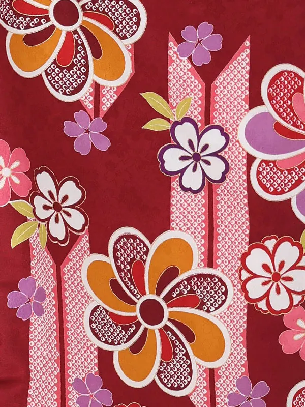【刺繍】ねじり梅白　矢絣エンジ