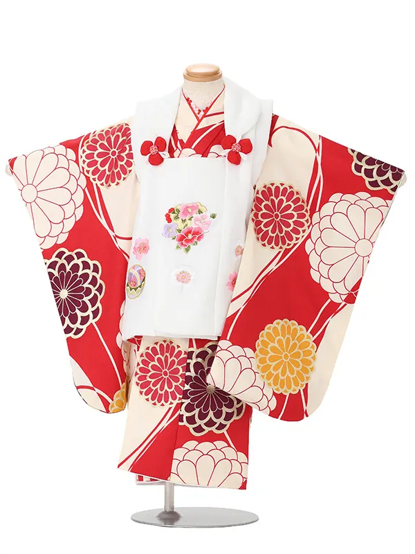 【刺繍】花丸白　染め分け赤クリーム
