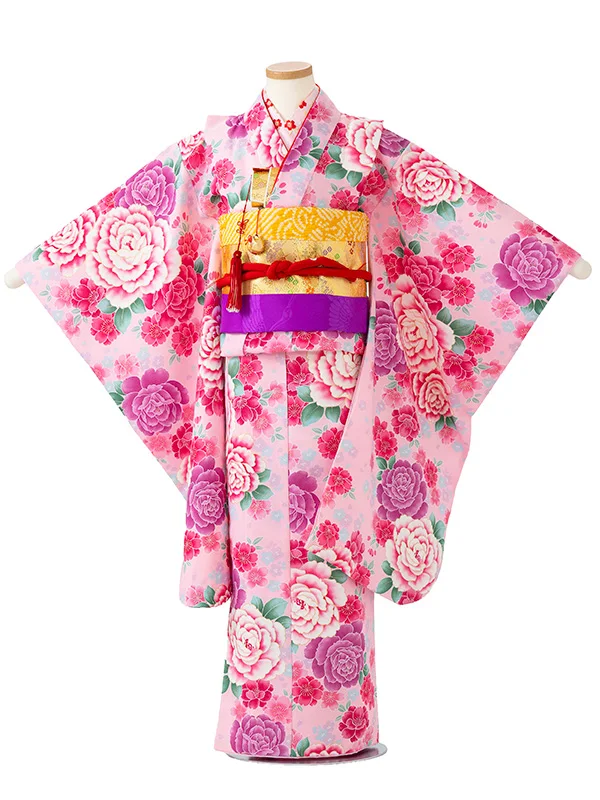 女児７才　小紋　薔薇　ピンク