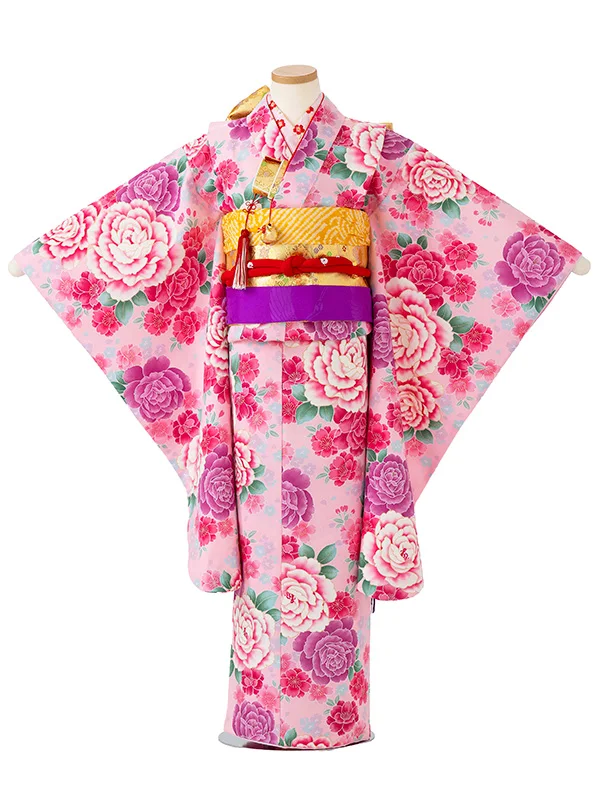 女児７才　小紋　薔薇　ピンク