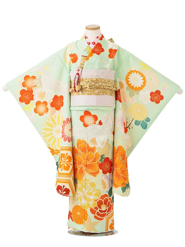 女児７才　【絵羽】ぼたんに亀甲　グリーン　