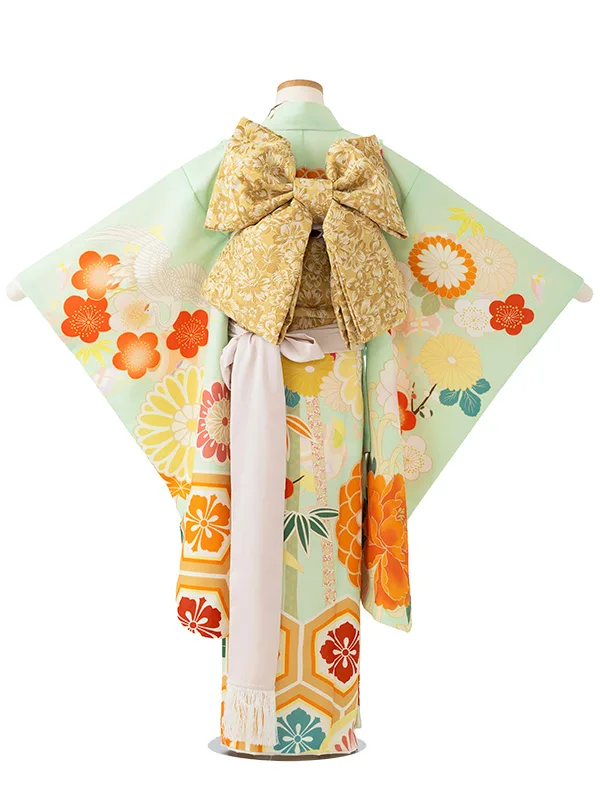 女児７才　【絵羽】ぼたんに亀甲　グリーン　