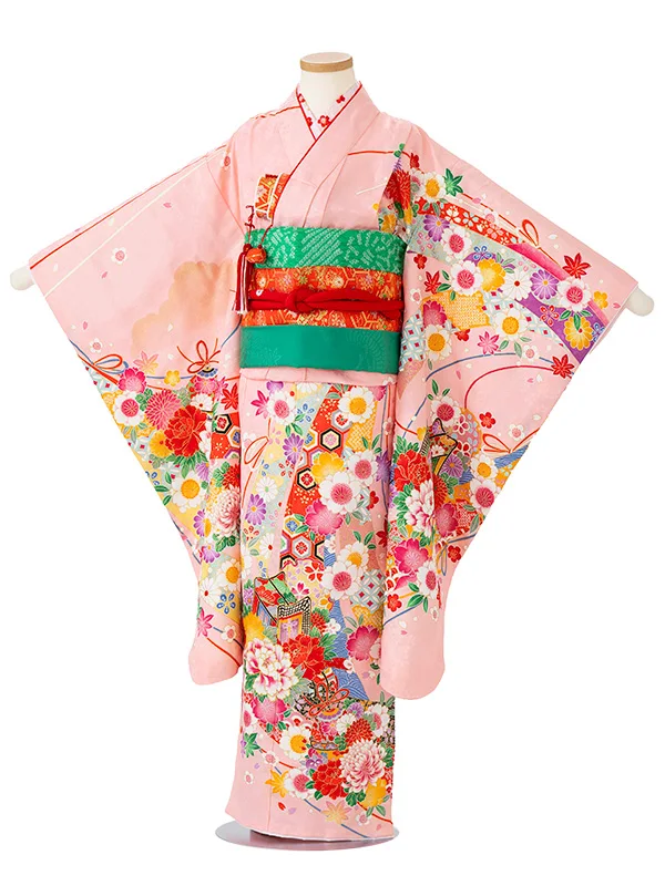 女児７才【刺繍】御所車にテープ　ピンク