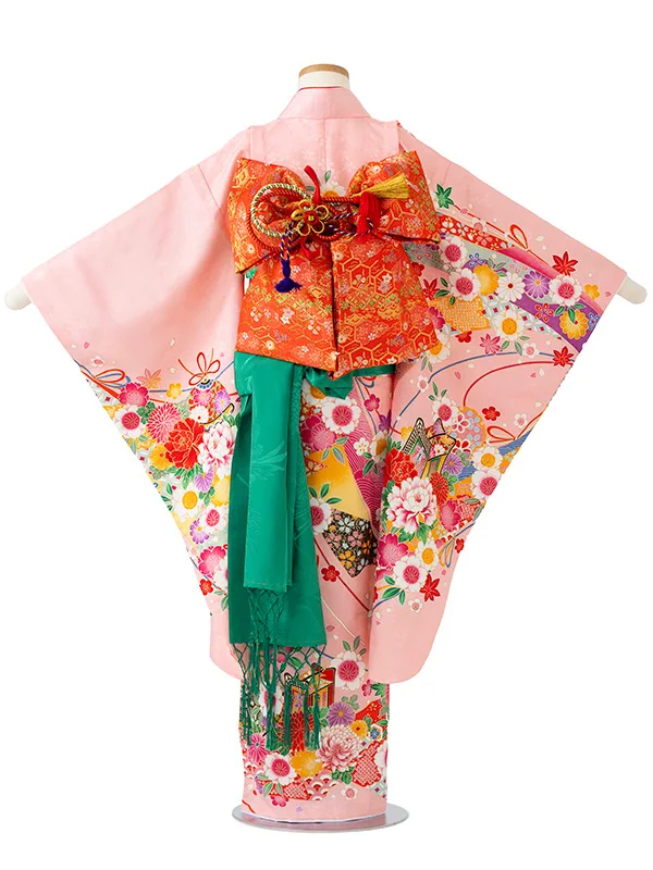 女児７才【刺繍】御所車にテープ　ピンク