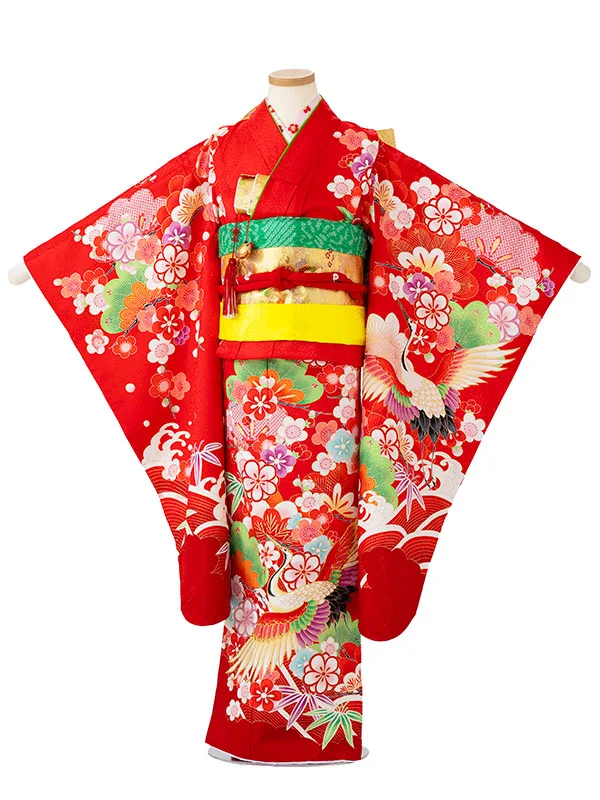 女児７才【刺繍】ツル　赤