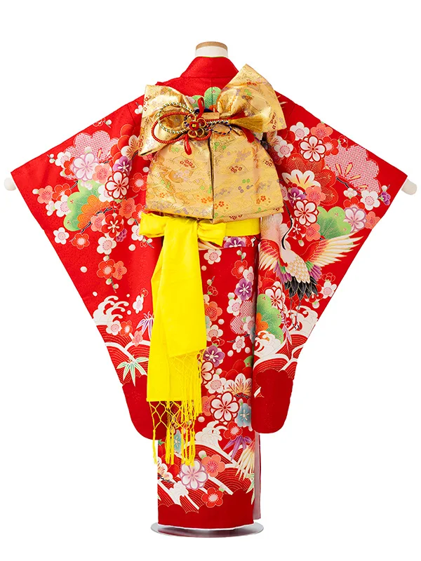 女児７才【刺繍】ツル　赤