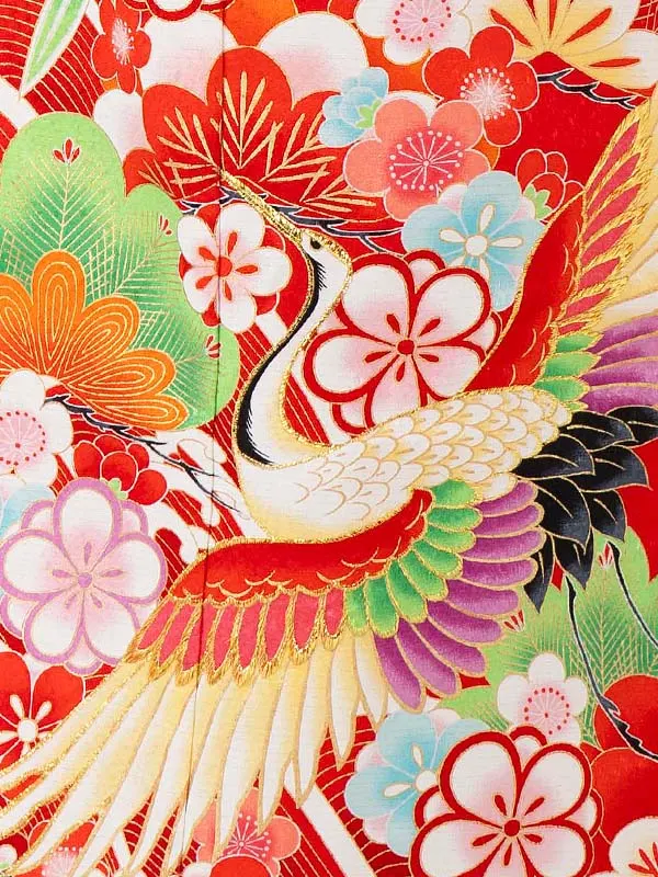 女児７才【刺繍】ツル　赤