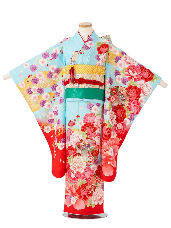 女児７才【刺繍】御所車に雪輪　ブルー