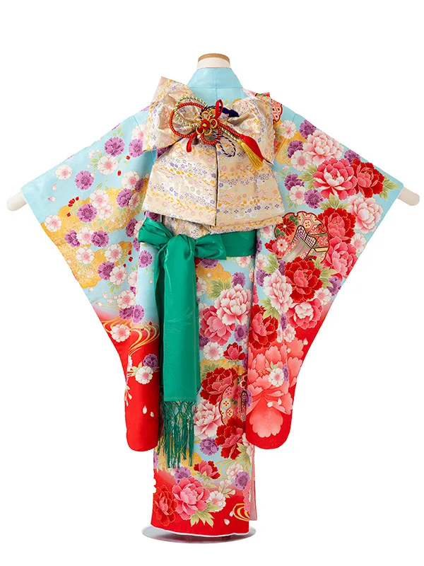 女児７才【刺繍】御所車に雪輪　ブルー