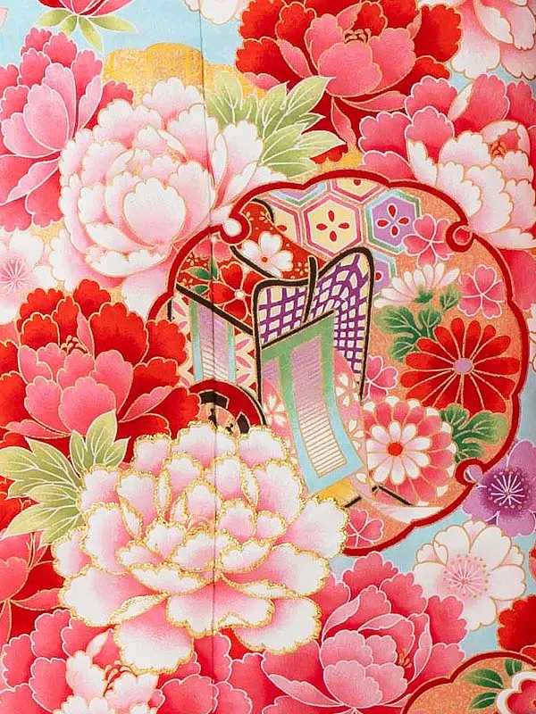 女児７才【刺繍】御所車に雪輪　ブルー