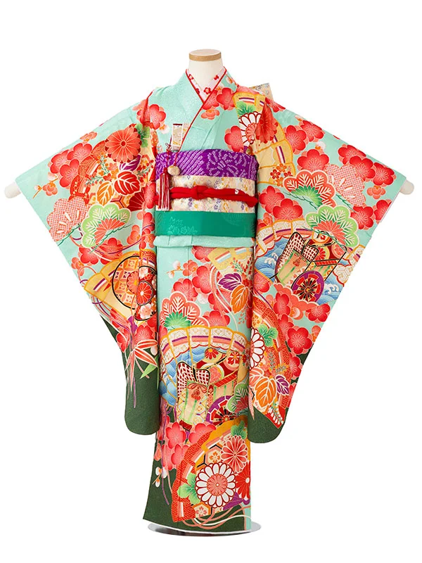 女児７才【刺繍】御所車に扇面　エメラルドグリーン