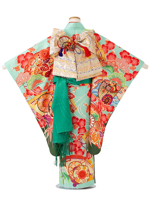 女児７才【刺繍】御所車に扇面　エメラルドグリーン