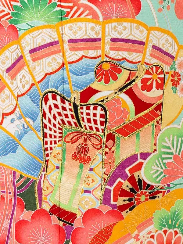 女児７才【刺繍】御所車に扇面　エメラルドグリーン