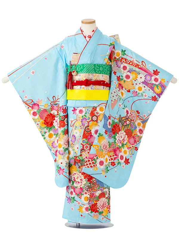女児７才【刺繍】御所車にテープ　ブルー