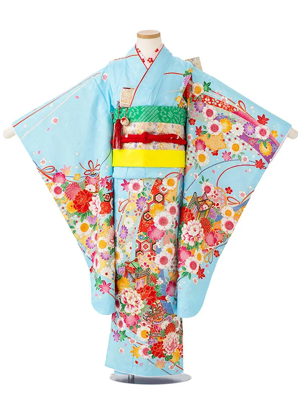 女児７才【刺繍】御所車にテープ　ブルー