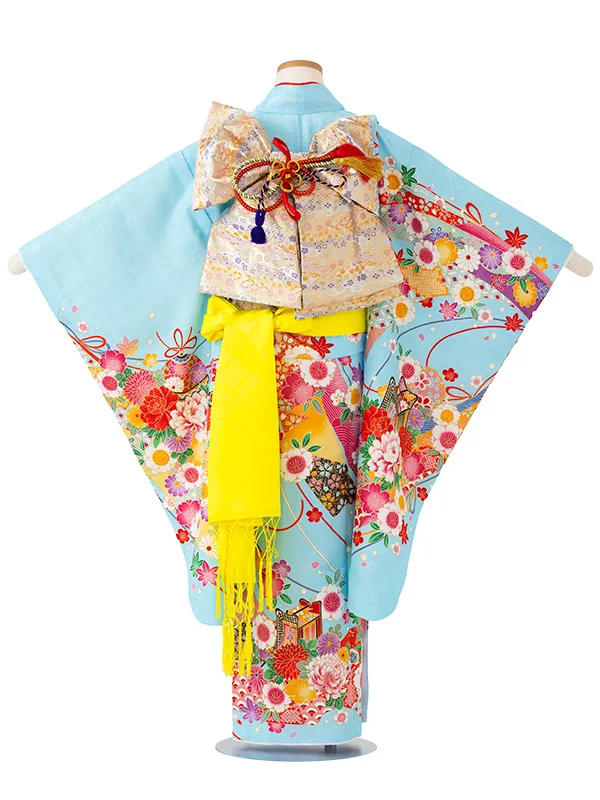 女児７才【刺繍】御所車にテープ　ブルー