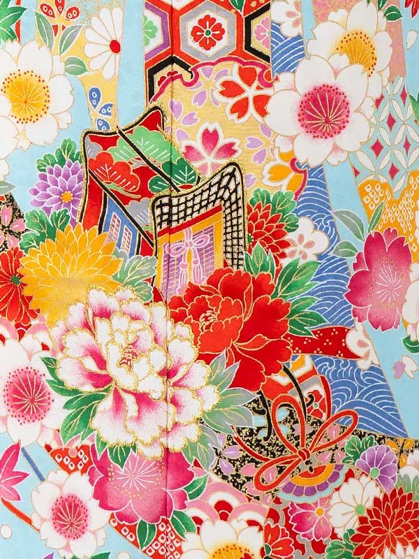 女児７才【刺繍】御所車にテープ　ブルー