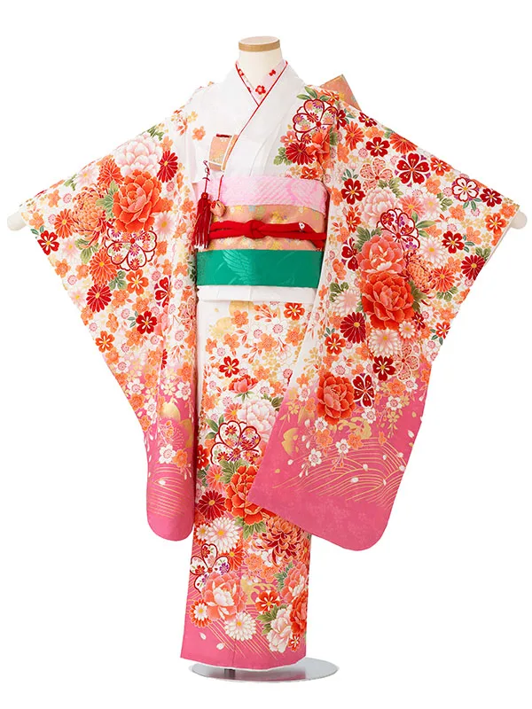 女児７才【刺繍】ぼたんに乱菊　白