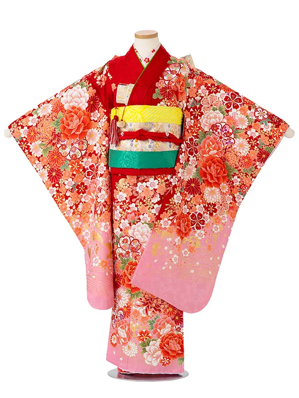 女児７才【刺繍】ぼたんに乱菊　赤