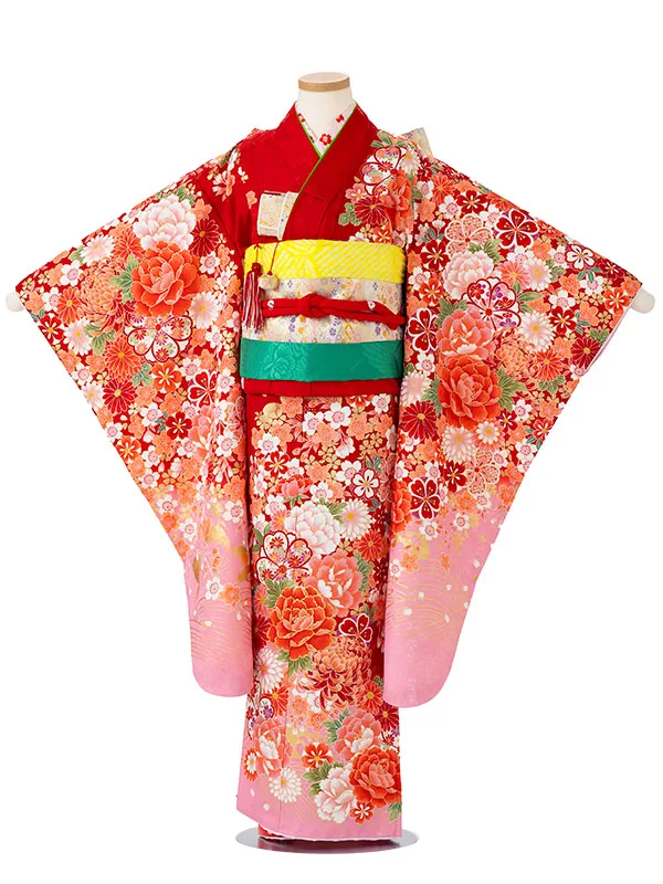 女児７才【刺繍】ぼたんに乱菊　赤