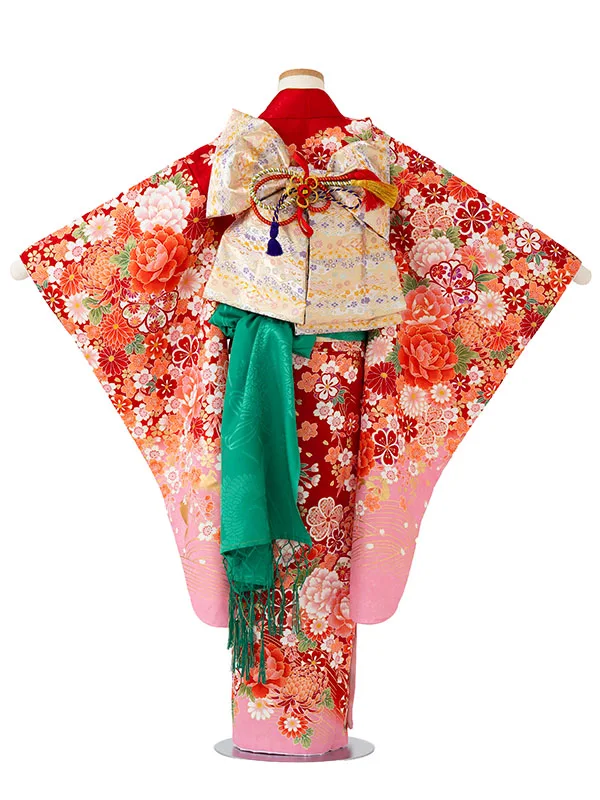 女児７才【刺繍】ぼたんに乱菊　赤