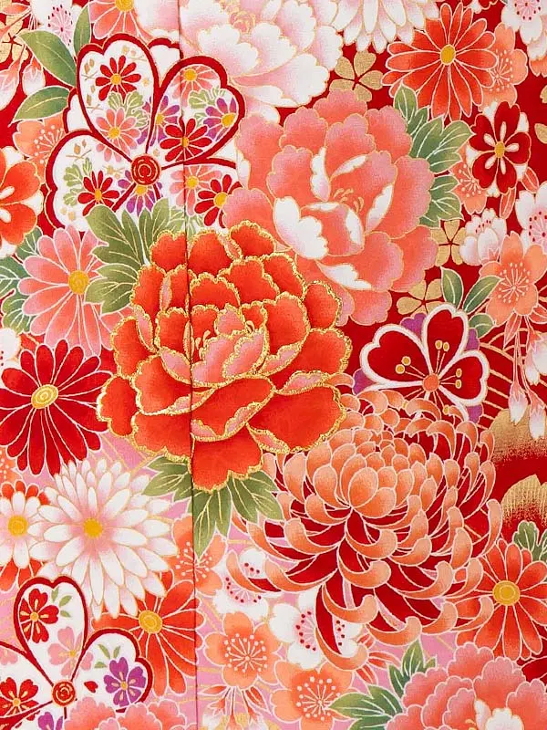 女児７才【刺繍】ぼたんに乱菊　赤