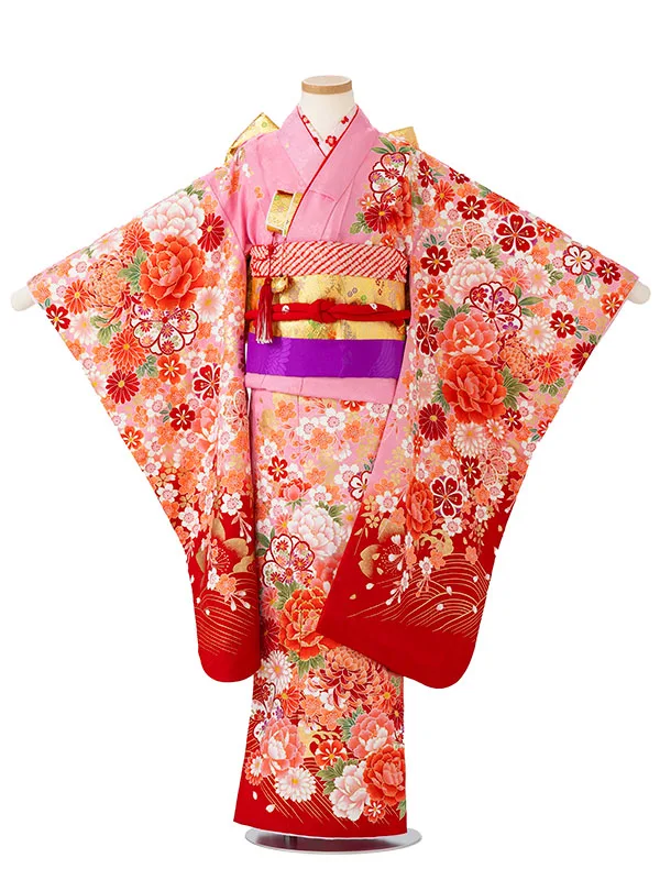 女児７才【刺繍】ぼたんに乱菊　ピンク
