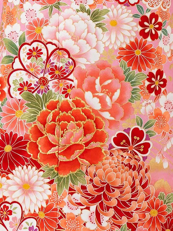 女児７才【刺繍】ぼたんに乱菊　ピンク