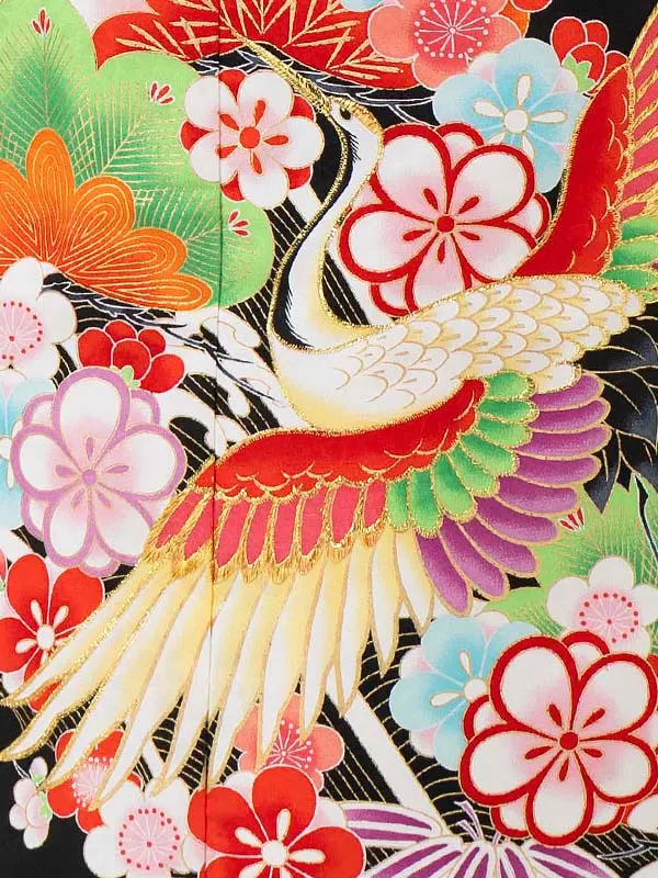 女児７才【刺繍】ツル　黒