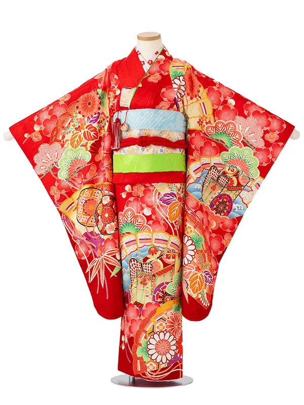 女児７才【刺繍】御所車に扇面　赤