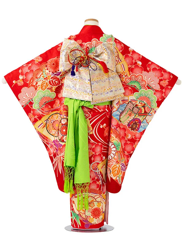 女児７才【刺繍】御所車に扇面　赤