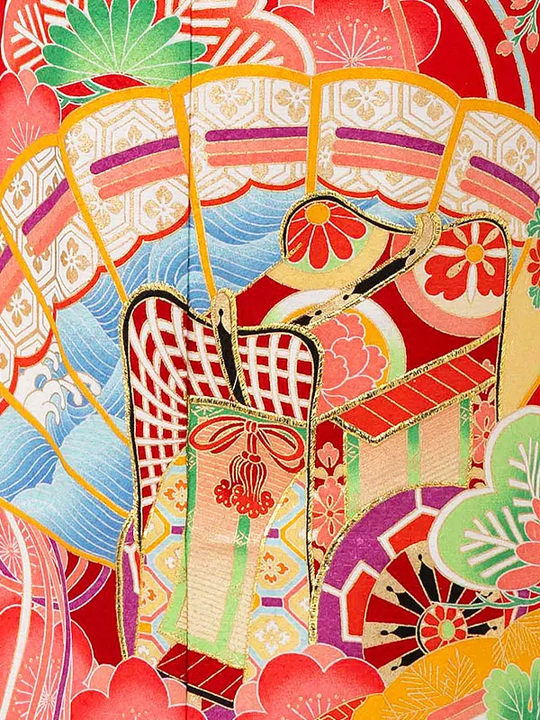 女児７才【刺繍】御所車に扇面　赤