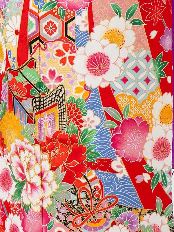 女児７才【刺繍】御所車にテープ　赤