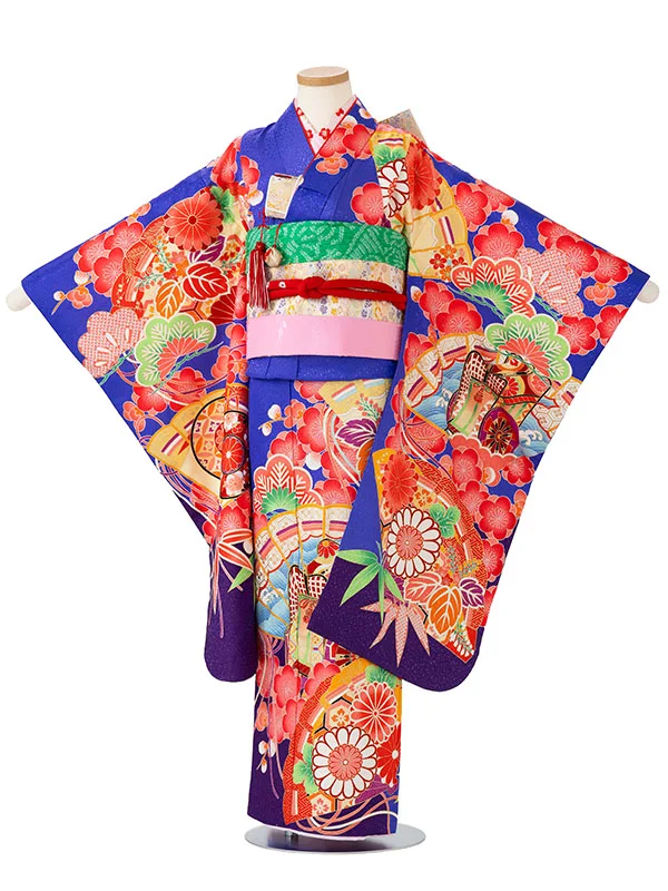 女児７才【刺繍】御所車に扇面　紺