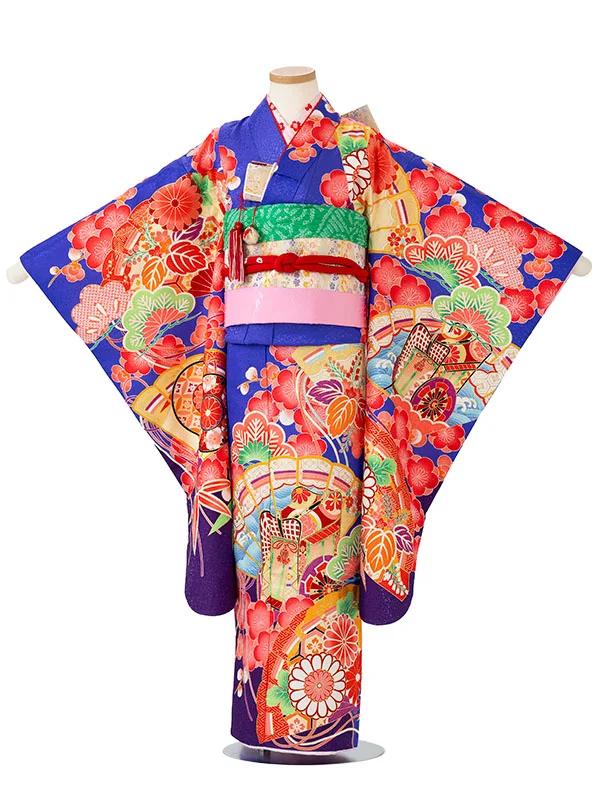 女児７才【刺繍】御所車に扇面　紺