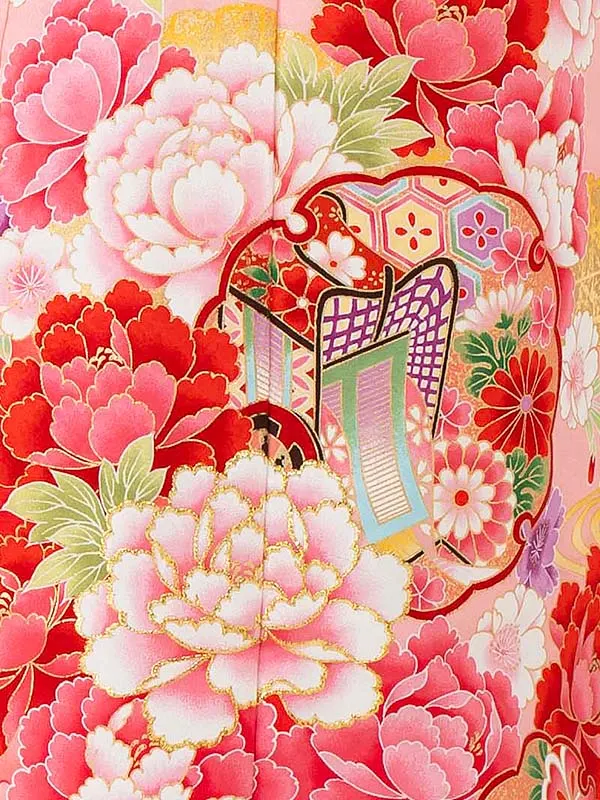 女児７才【刺繍】御所車に雪輪　ピンク