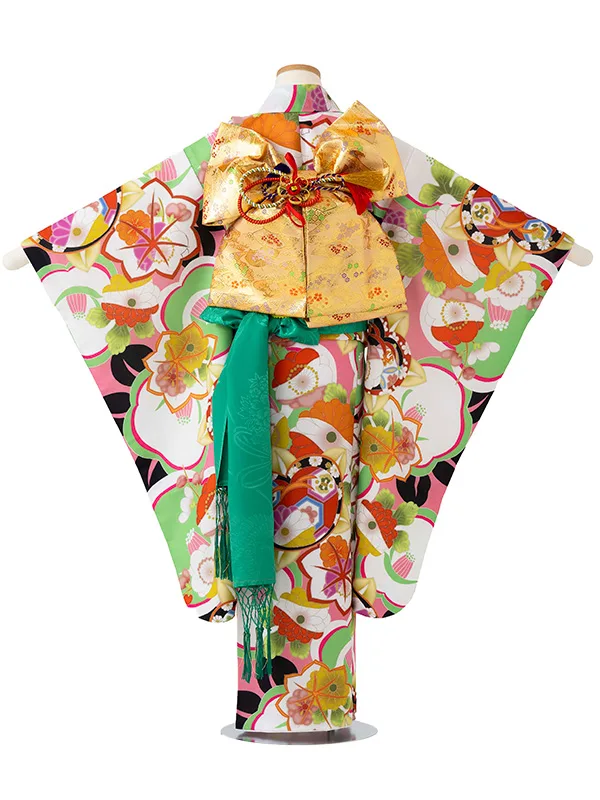 女児７才　小紋　洋風椿　ピンク