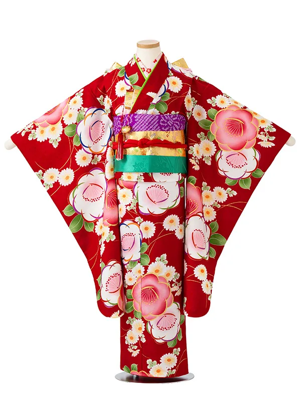 女児７才　小紋　椿　赤