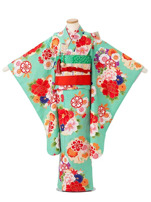 女児７才　小紋　椿　グリーン